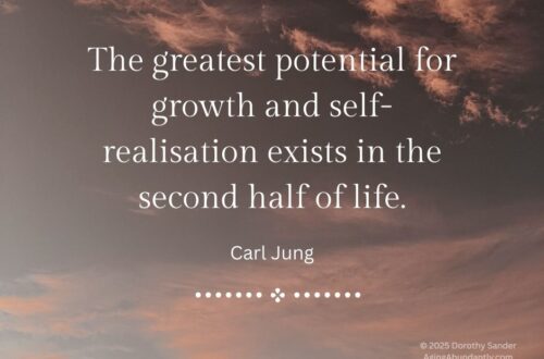 Quote by Carl Jung: ‘The greatest potential for growth and self-realisation exists in the second half of life.’ Sunset sky background.